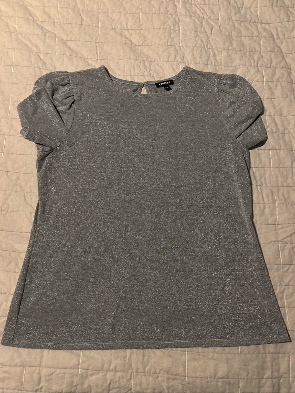 Express XL Silver Gray Metallic Shimmer Puff Sleeve Top Keyhole Party - Picture 2 of 7